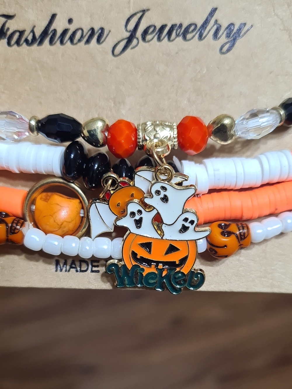 Halloween Beaded Bracelet Set - Orange & White.